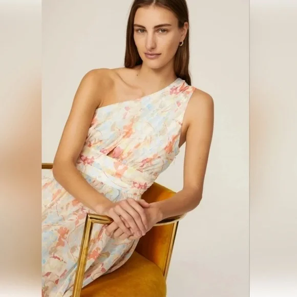 New Likely Sara Dress Floral Watercolor Metallic One Shoulder Midi Sz 0